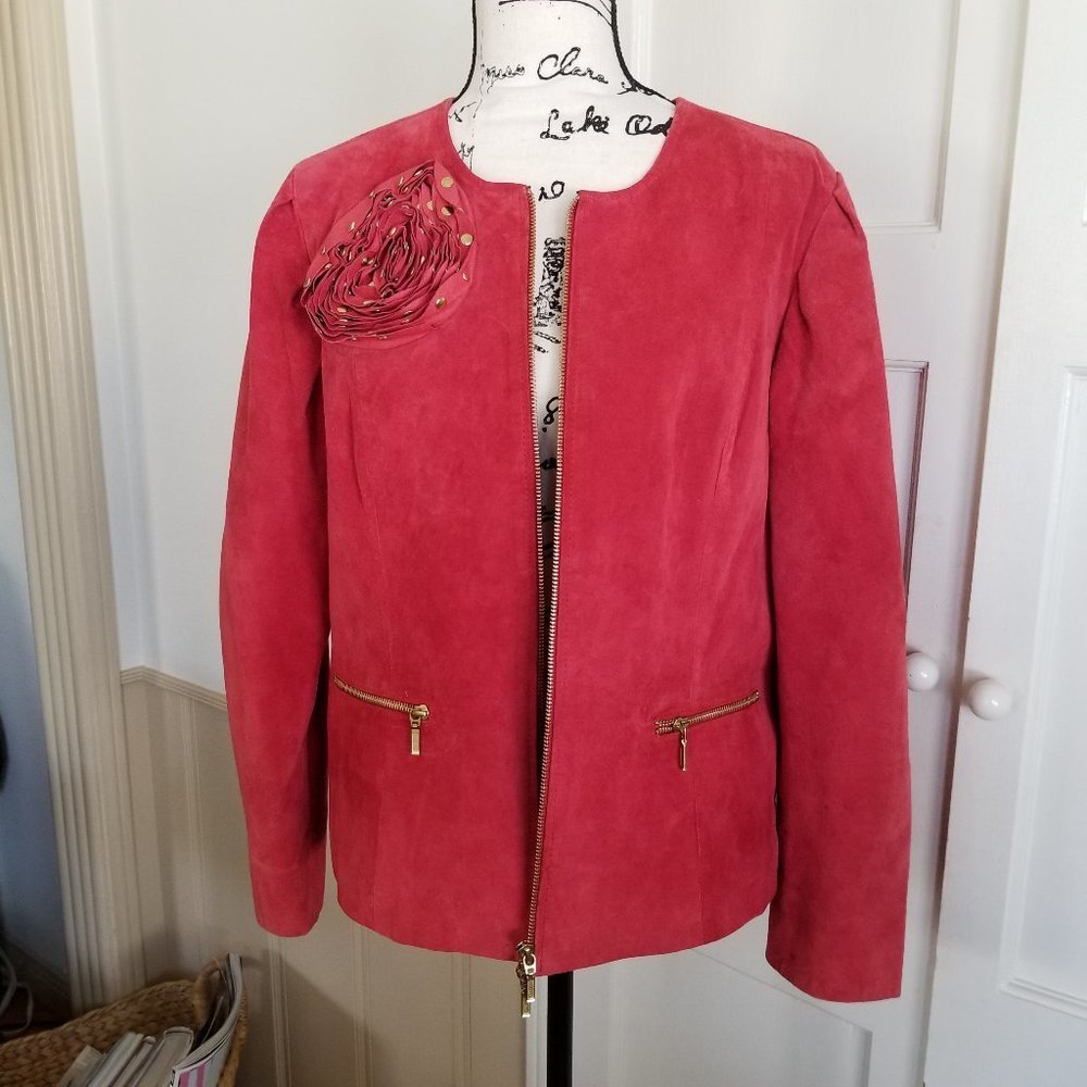 Berek Red Suede Gold Studded Ruffle Rosette Jacket